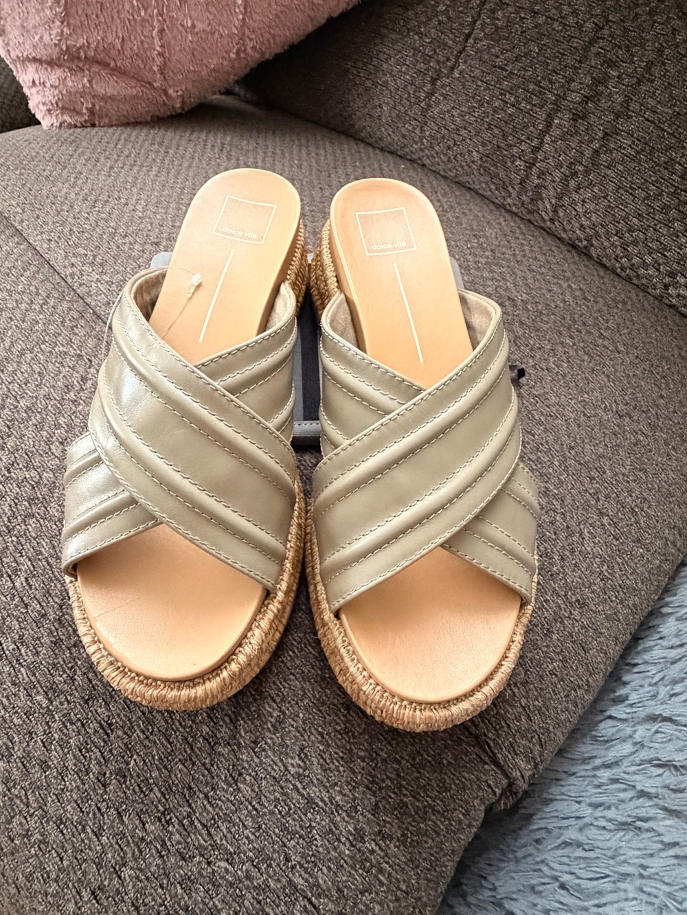 Dolce Vita Metallic Taupe Crisscross Espadrille Slide Mules